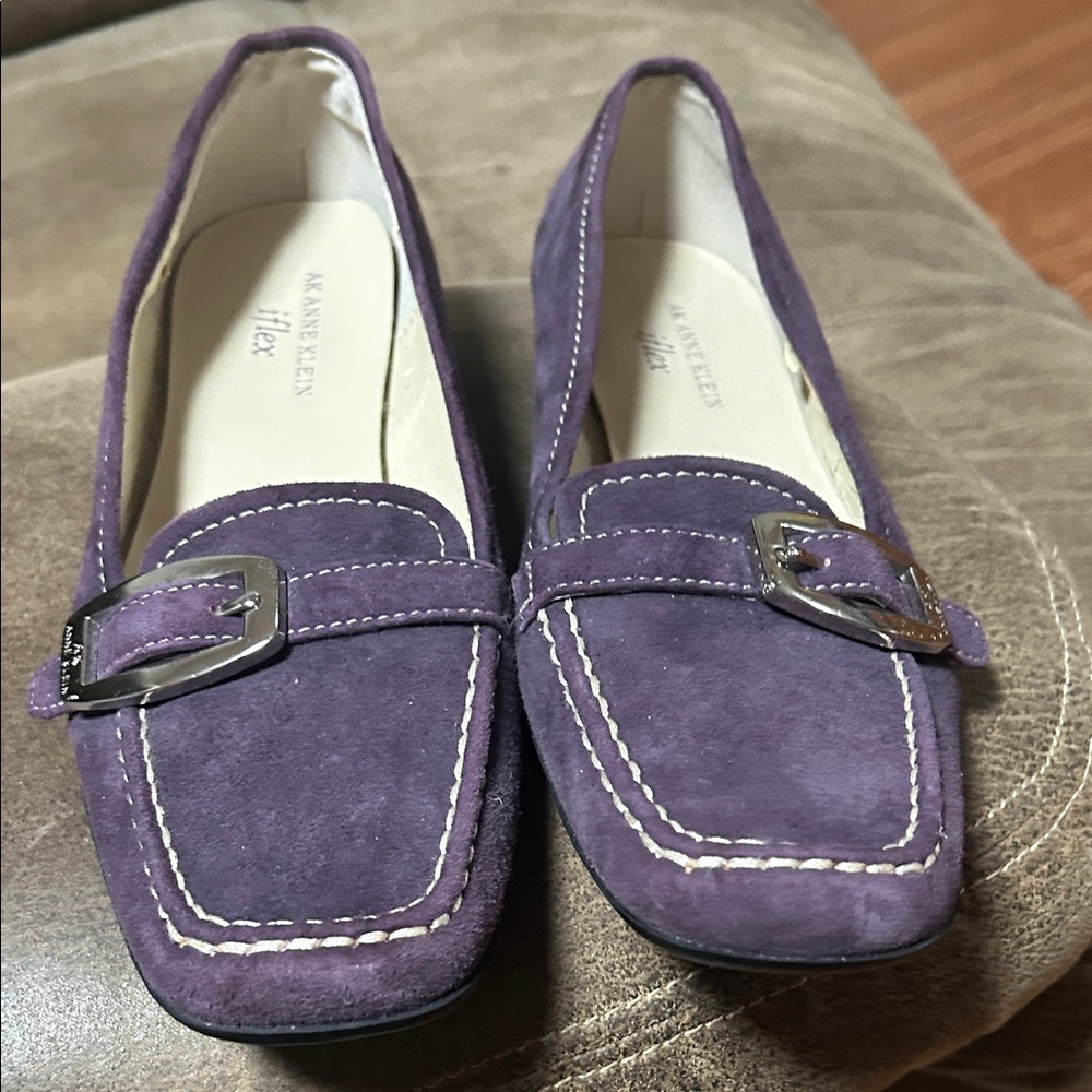 Anne Klein Purple Suede Loafers with Silver Buckle
